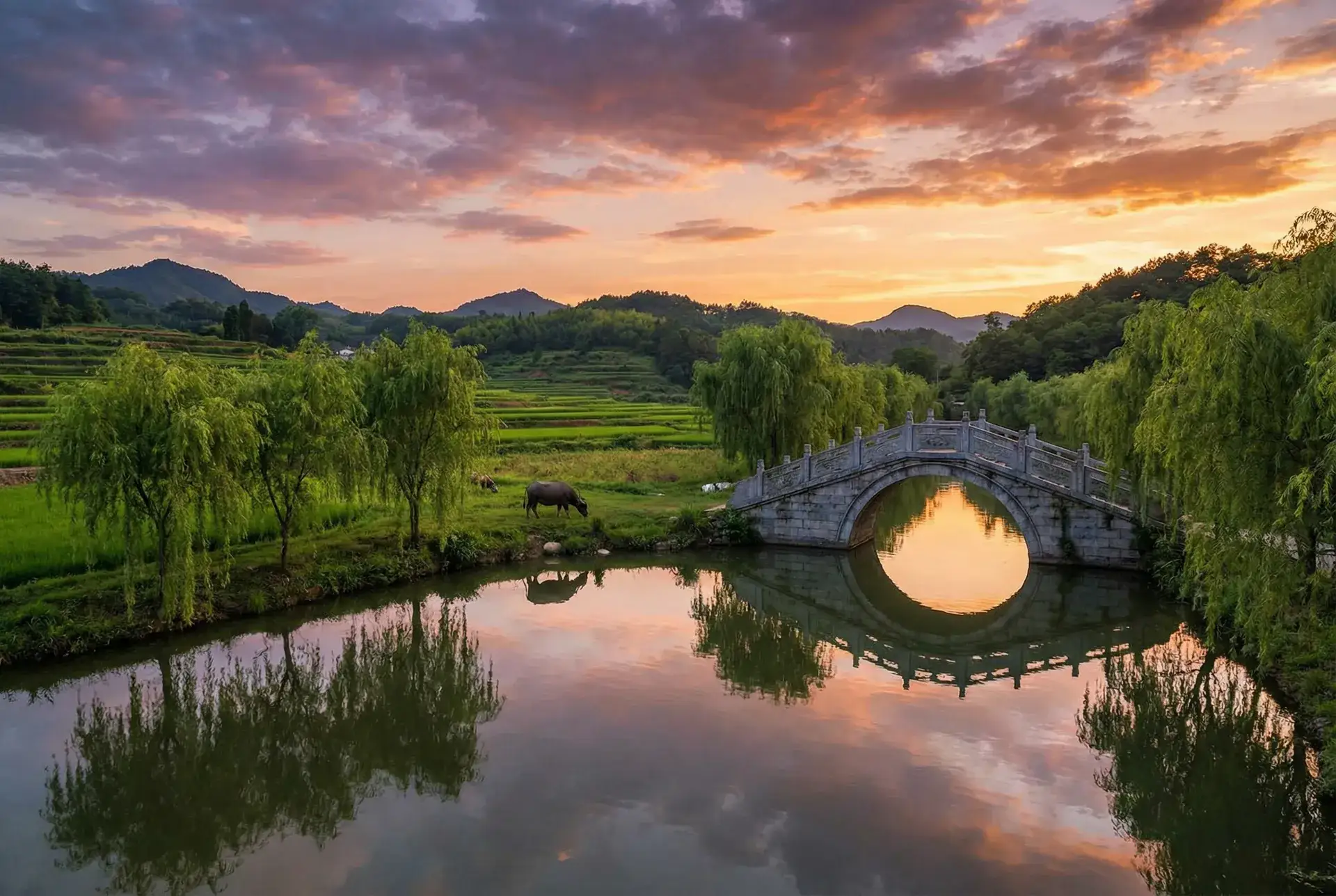 夕阳下的石拱桥与垂柳，水牛在河边吃草 - 妓女网妓女视频在线观看 乡村美景